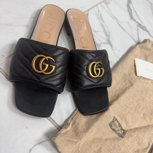 Gucci Black Slides with Gold Emblem - Picture 3 of 5